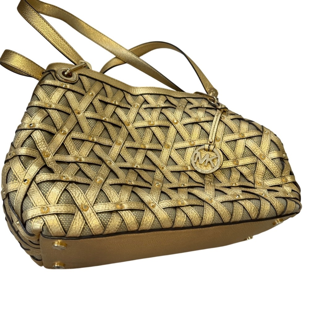 Michael Kors Metallic Gold Woven Leather Tote Shoulder Bag MK Charm Y2K Boho
